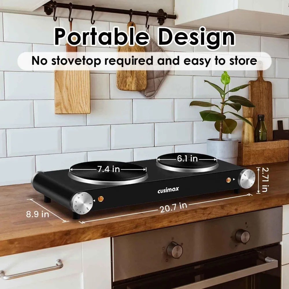 Quemador doble eléctrico portátil de 1800 W con 7 niveles de potencia Control de temperatura ajustable, Compatible con todos los utensilios de cocina