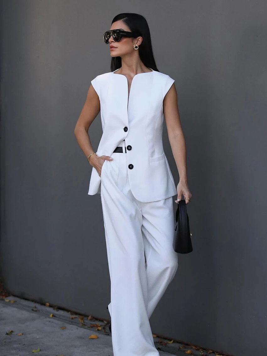 Marthaqiqi Summer Female Pajama Suit Sexy V-Neck Sleepwear Sleeveless Nightgown Wide Leg Pants White Fashion Women Nightwear Set
