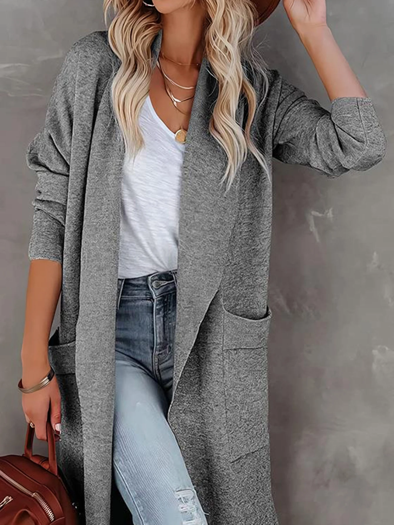 

Женское однотонное пальто с длинными рукавами, повседневное свободное пальто, модное осенне-зимнее повседневное базовое пальто с карманами