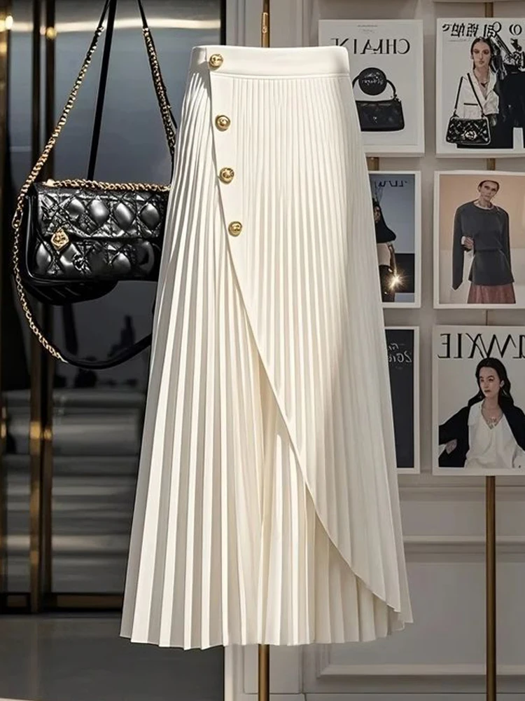 Spódnica damska Hebe Sle Design, unikalny guzik, nowa moda, mozaika, składana spódnica w kształcie litery A, wysoki stan, poliester