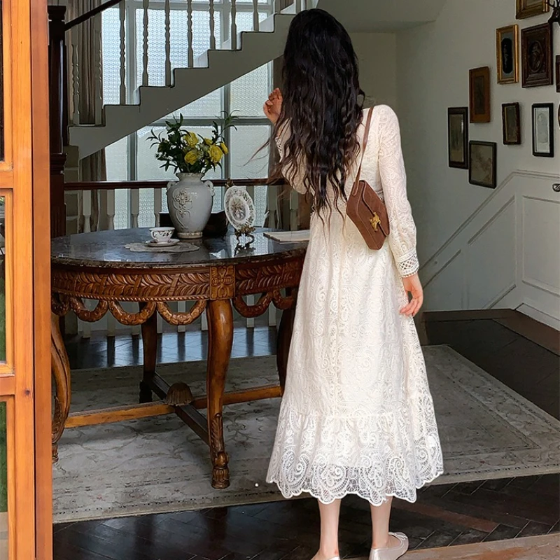 Autumn French Crochet Lace Prom Party Dress Women's O Neck Long Sleeve Embroidery Flower Hollow Out A-Line Long Robe Elegant