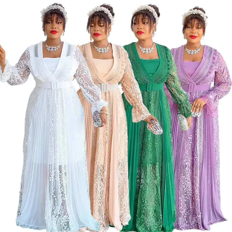

Plus Size Women's Embroidered Long Sleeve Elegant Long Dress New Lace Dress Two-Piece Set