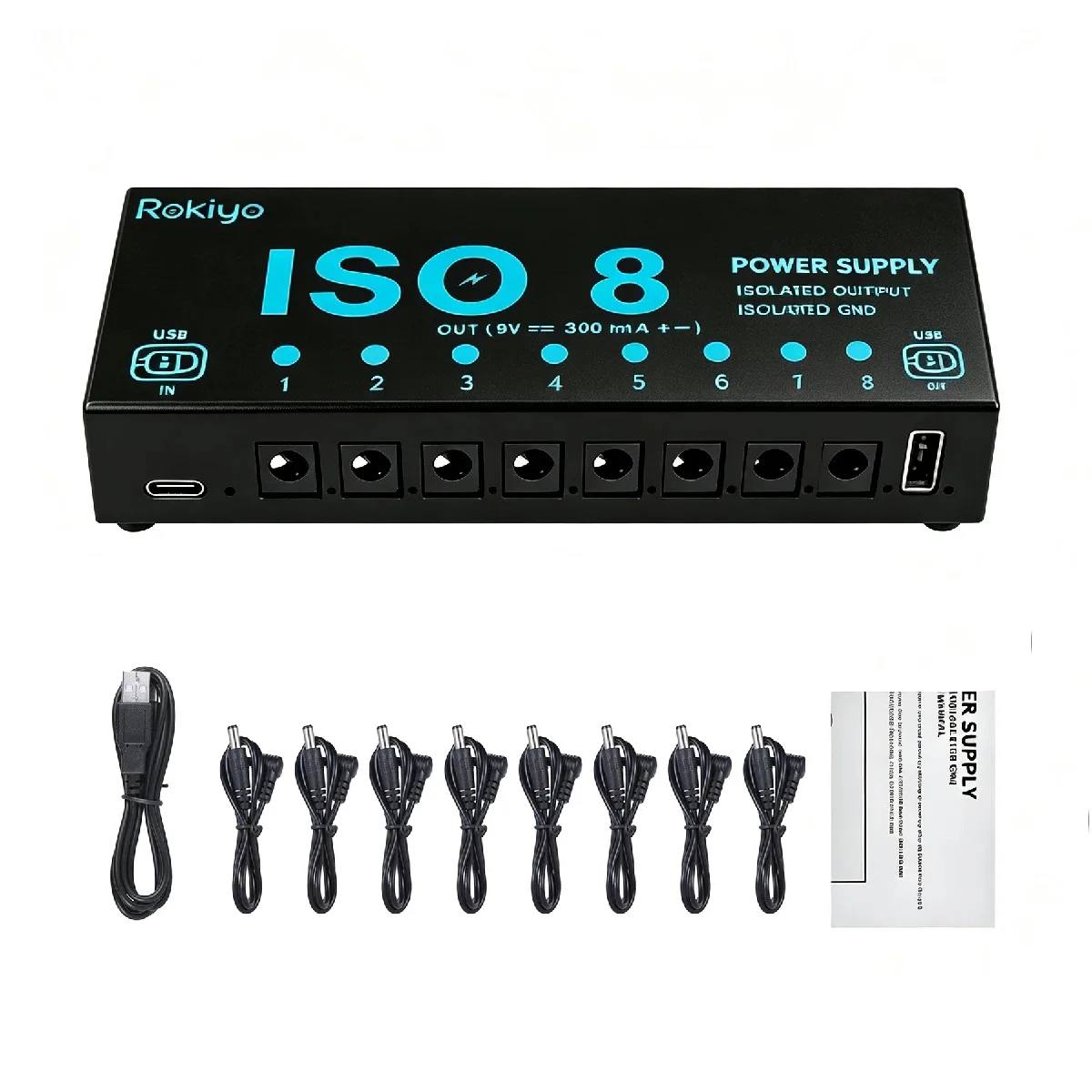 Rokiyo ISO8 Guitar Pedal Power Supply 8 Isolated DC 9V 300mA Outputs USB-C Input 5V 1A USB Short Circuit Protection for Effector