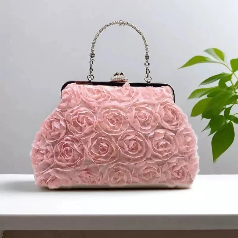 

Light Pink Floral Clutch Bag for Women Sweet Wedding Evening Bags Detachable Handle Solid Handbags Formal Party Purse
