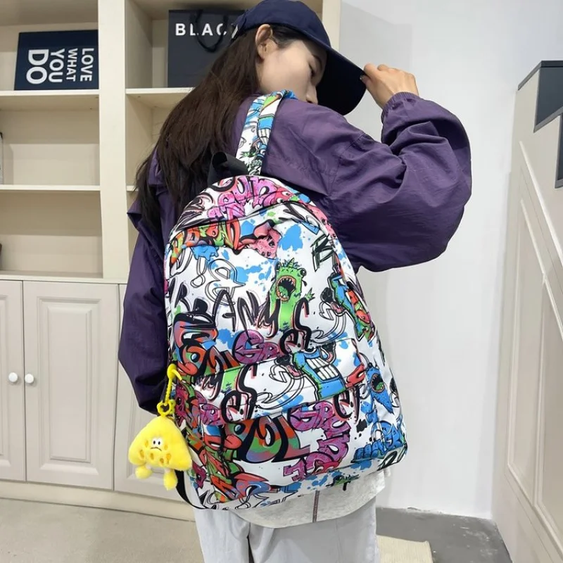 Colorful Letter Print Nylon Backpack with Pendant2025Summer graffiti pattern trendy zipper backpack