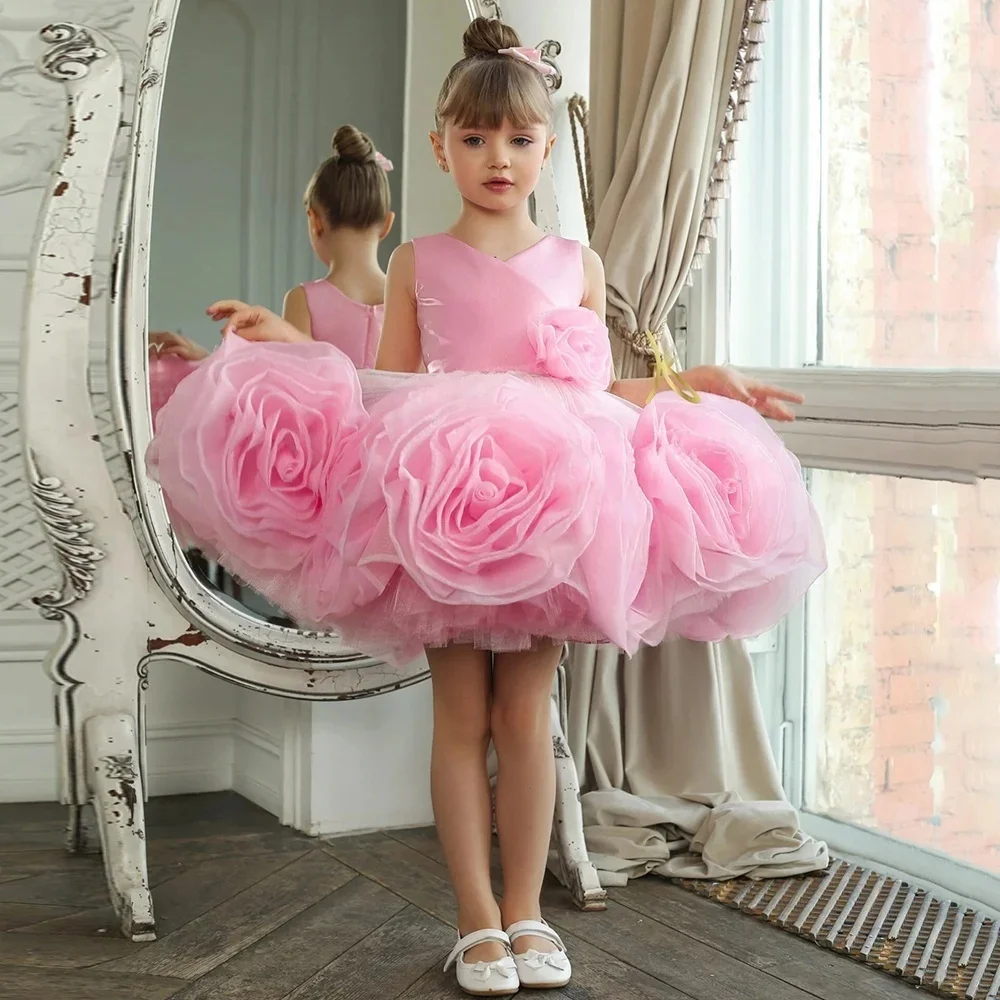 

Розовое тюлевое платье с цветочным узором для девочек на заказ, первое рождественское платье, свадебное платье для девочек فساتين kdeف سهرة