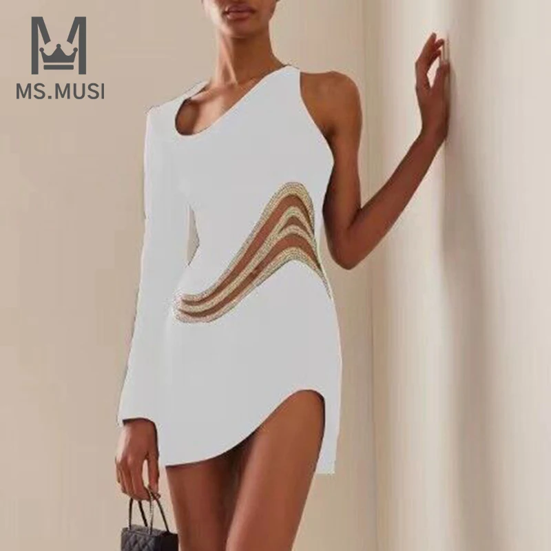 

MSMUSI 2023 New Fashion Women Sexy One Shoulder Long Sleeve Crystal Hollow Out Lace Bandage Party Club Bodycon Event Mini Dress