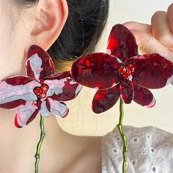 HUANZHI Red Large Flower Exaggerated Oil Dripping Enamel Chunky Earrings for Women Girls Green Stem Spanish Alloy Jewelry Gifts