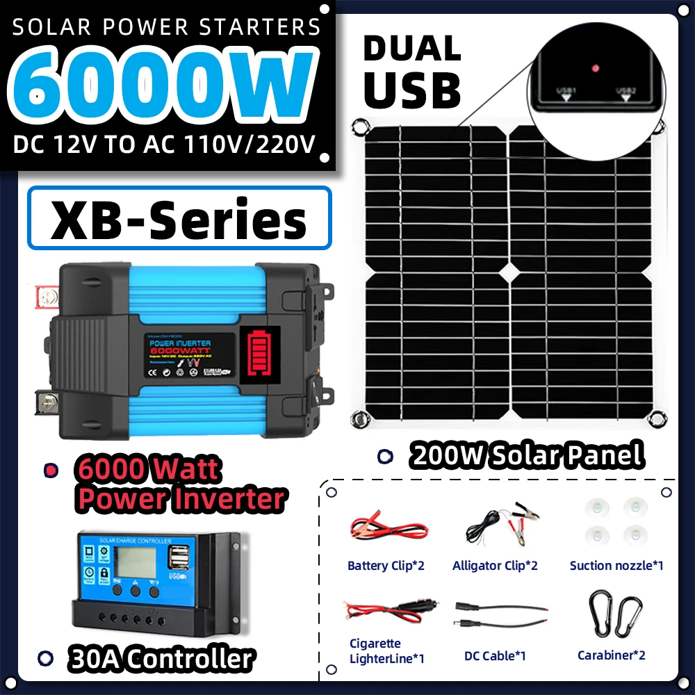 110V/220V 6000W Inverter 30A Controller Full Power Kit Charger Car Solar Power bank System 5V Solar Panel Camping for home plug