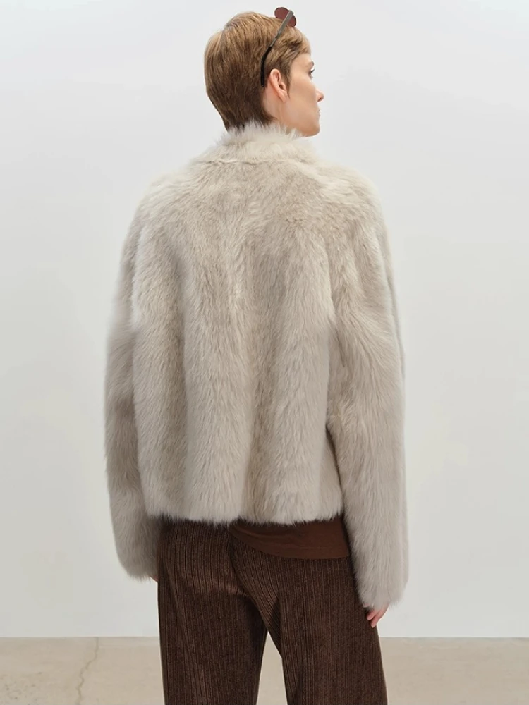 سترة فرو خروف توسكانا الفاخرة الراقية للنساء تصميم كلاسيكي بسيط وطية صدر السترة أنيق قصير للشتاء من الجلد الطبيعي معطف فرو حقيقي #4