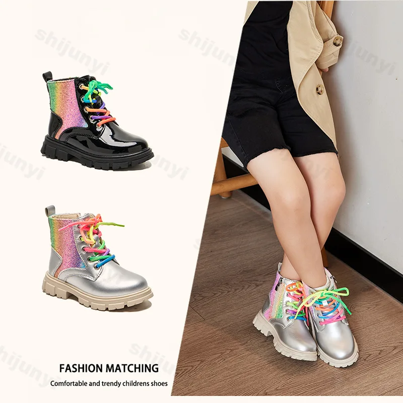 New 2024 Designer Colorful Leather Children Ankle Boots Boys Girls Fashion Shiny Soft Short Boots Anti-slip Kids Leisure Boots