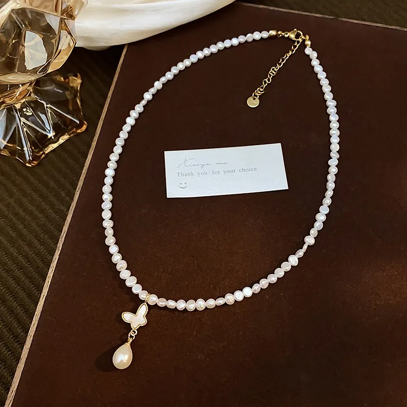 

Sweet Butterfly Pendant Natural Freshwater Pearl 14K Gold Filled Lady Necklace Birthday Gifts Jewelry Short Chain No Fade