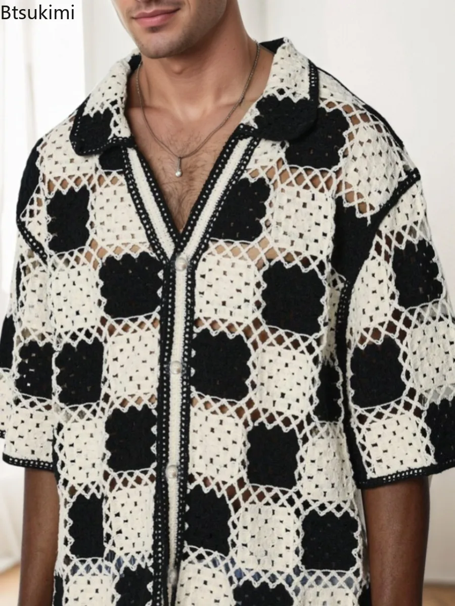 Chic Vintage Hook Flower Hollow Out Shirts for Men 2025 Summer Loose Short Sleeve Casual Cardigans Men Streetwear Knitwear Tops