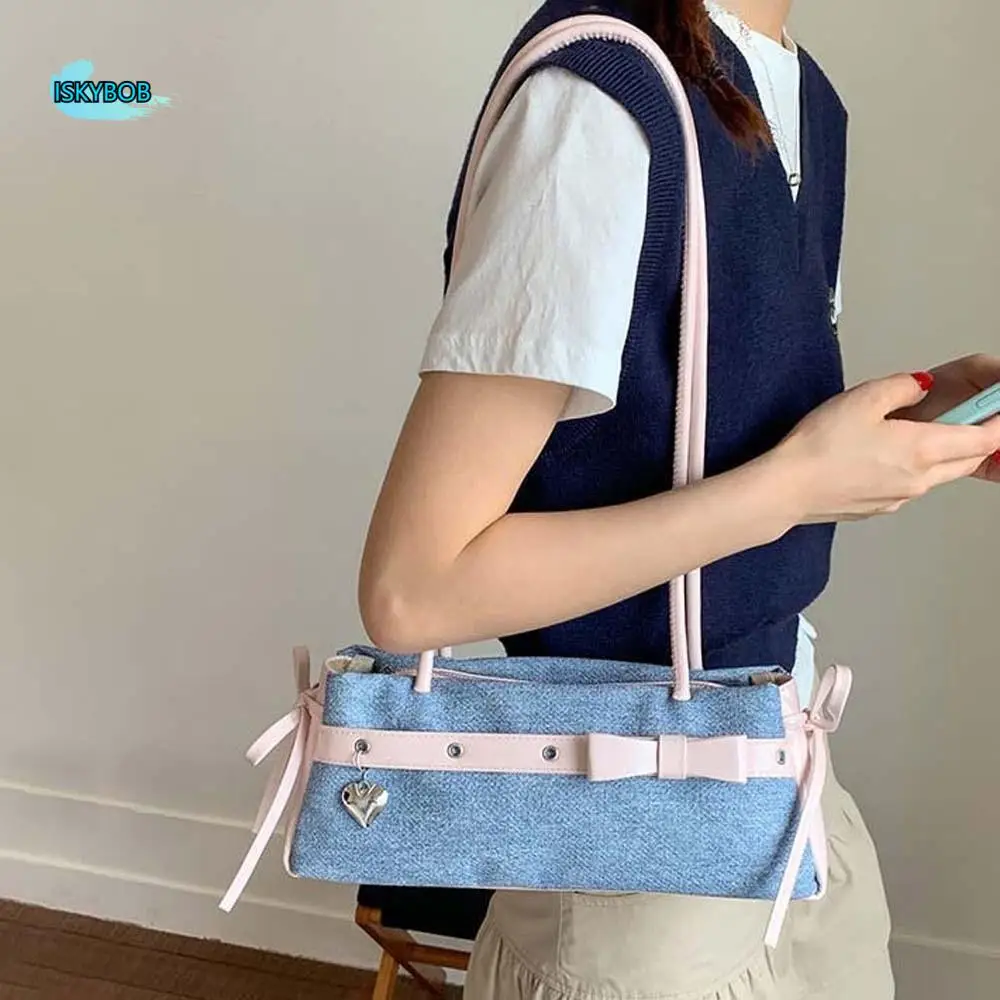 

Sweet French Stick Handbag Ribbon Large Capacity Bow PU Shoulder Bag Waterproof Contrast Color Denim Underarm Bags Women