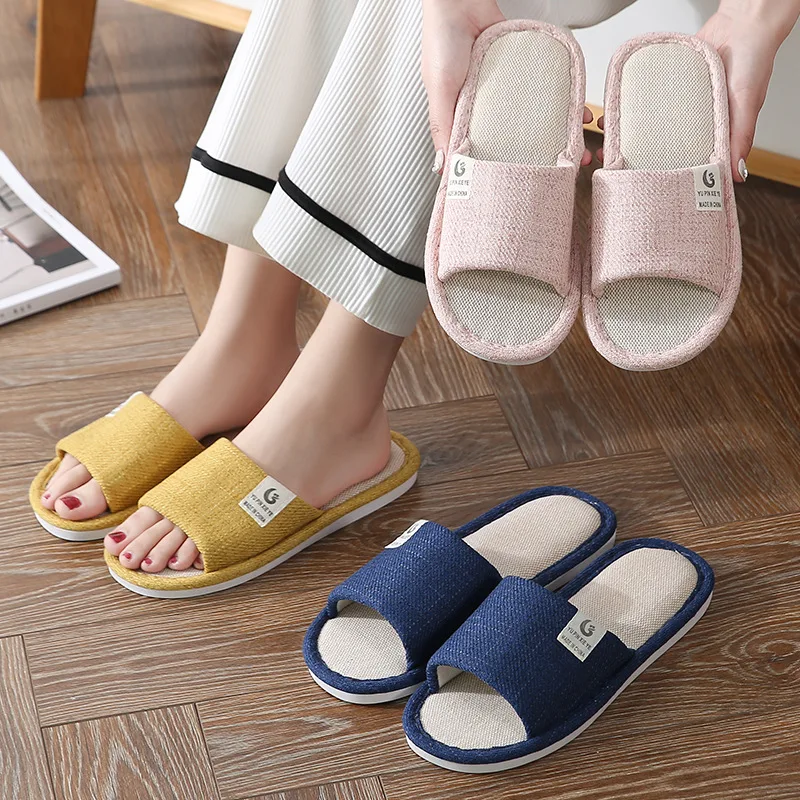 New 2024 Linen Slippers Indoor Outdoor Anti-Slip Couple Home Shoes Breathable T-Strap Flat Footbed EVA Sole Unisex Summer Sli...