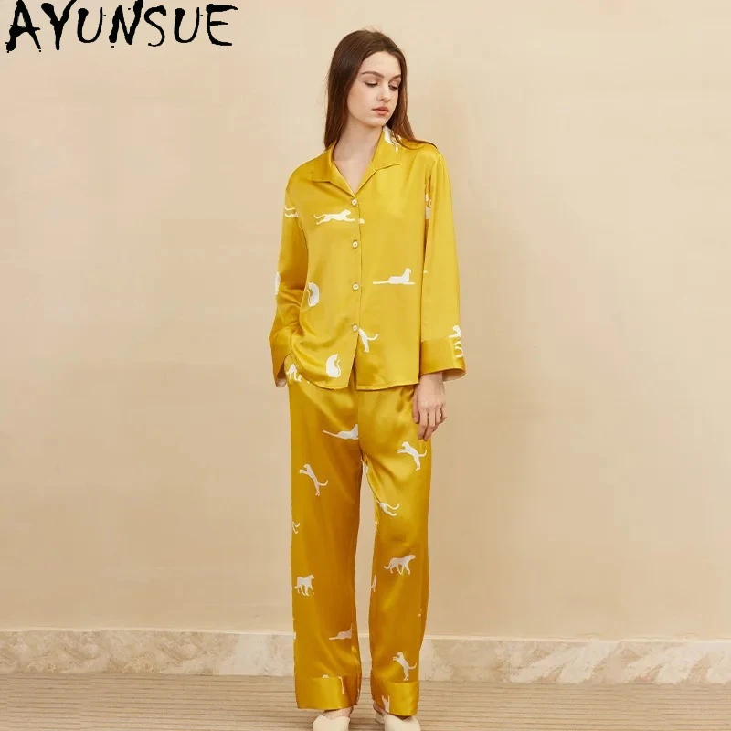 

AYUNSUE 19 мм, комплект женской домашней одежды из натурального шелка тутового шелкопряда, повседневный пижамный комплект, женская летняя пижама с длинным рукавом и брюками