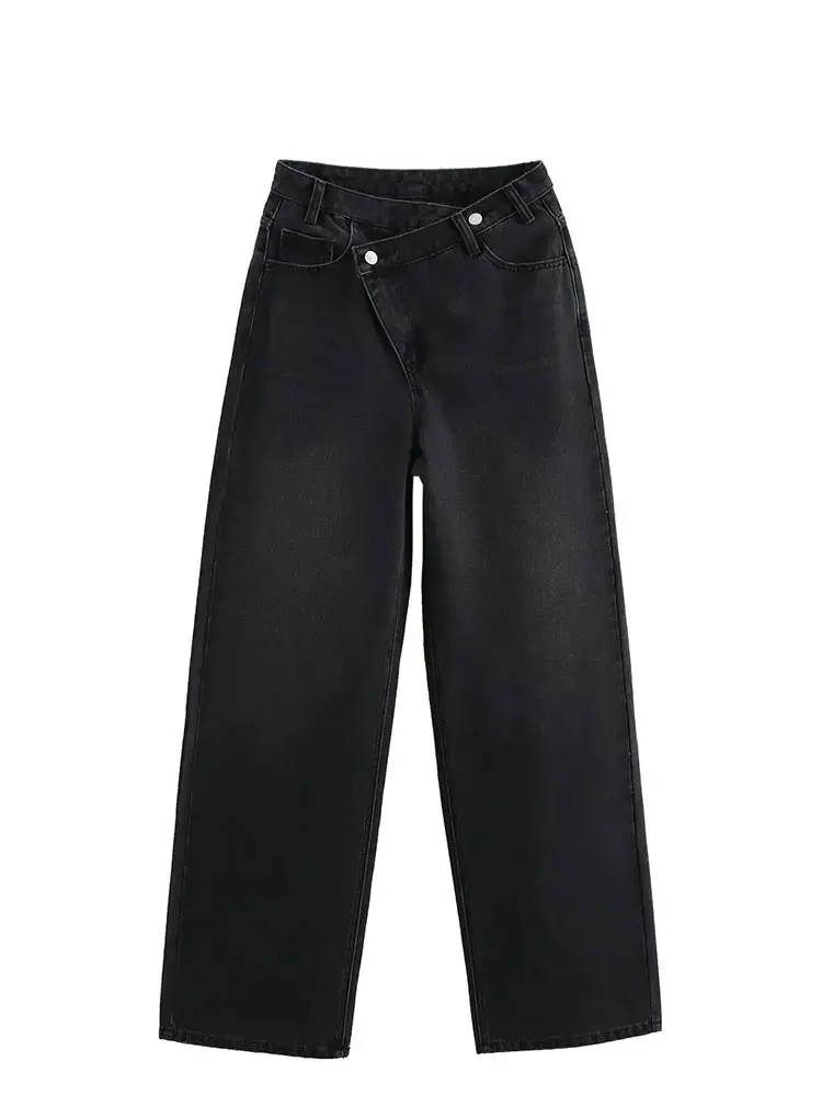 Damenhose, Denim, solide, asymmetrisch, hohe Taille, gerade, lange Hose, Damen, vielseitig, Basic, 2025, neue Damen-Jeans mit weitem Bein