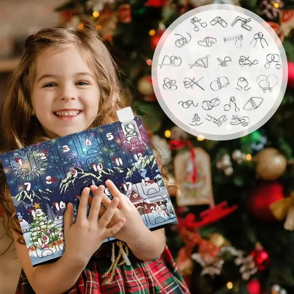 Metal Puzzle Christmas Advent Calendar Gifts Box Ruban Lock Puzzle Xmas Countdown Calendar Box Children Brain Teaser Fidget Toy