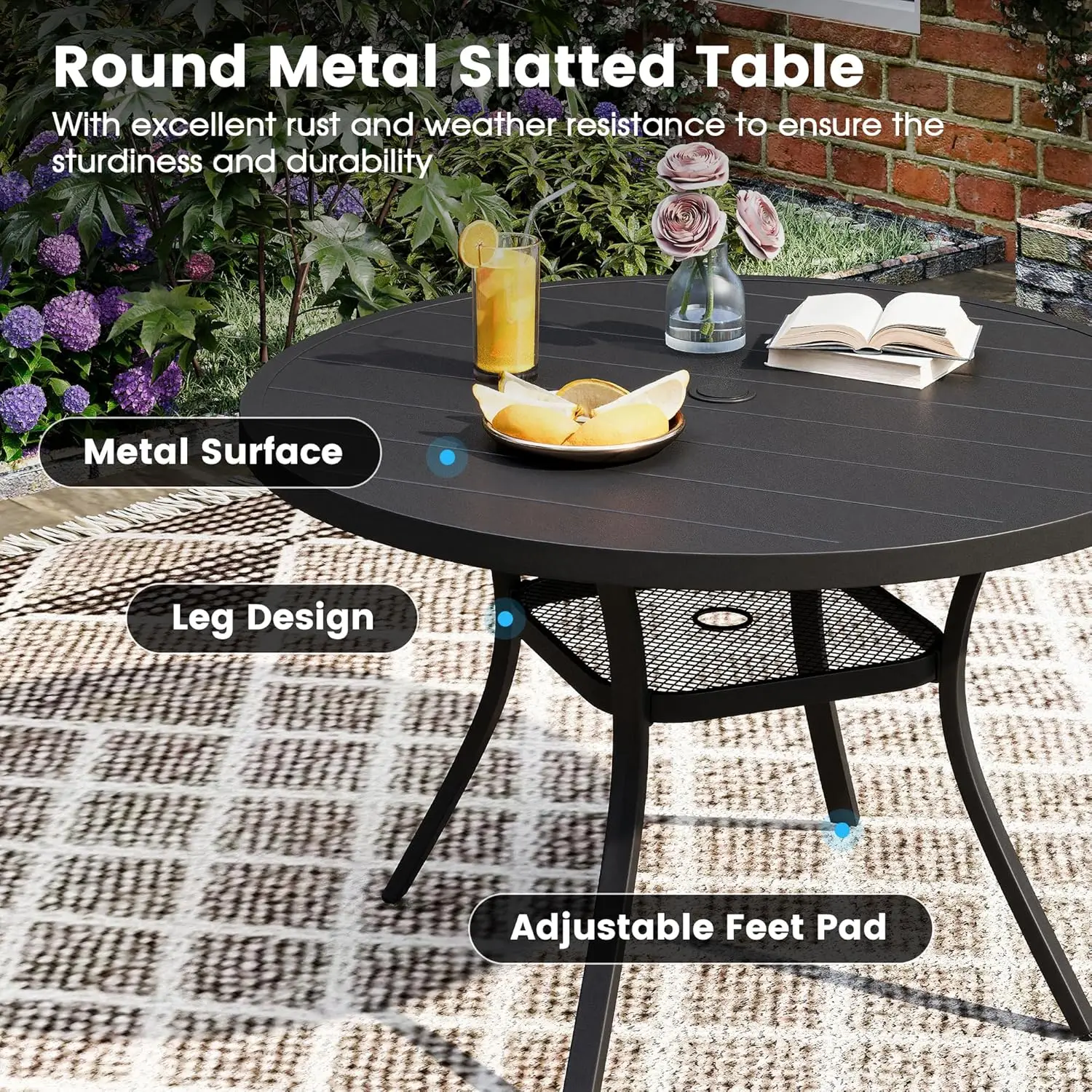 Outdoor Dining Set, Patio Dining Furniture Set includes Round Table with Adjustable Umbrella Hole and 6 Stackable Metal Chairs