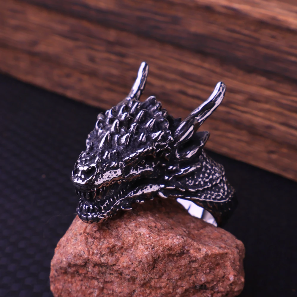 Vintage Nordic Viking Dragon Ring Men Stainless Steel Overbearing Punk Hip Hop Biker Animal Ring Jewelry Wholesale Dropshipping