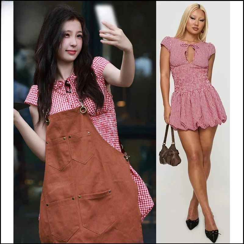 

Princess Polly Plaid Waist-Cinching Dress Handbag Store Buyable Spring Summer Women's Fashion A-Line Dress V-Neck Bubble Sleeve