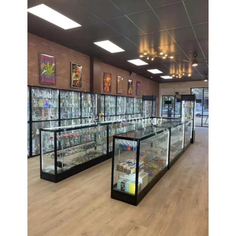 Vitrine d'affichage personnalisée avec lumières LED, cadre en aluminium, comptoirs en verre, magasin de fumée au détail, Guatemala Vitpeterie, 4 pieds