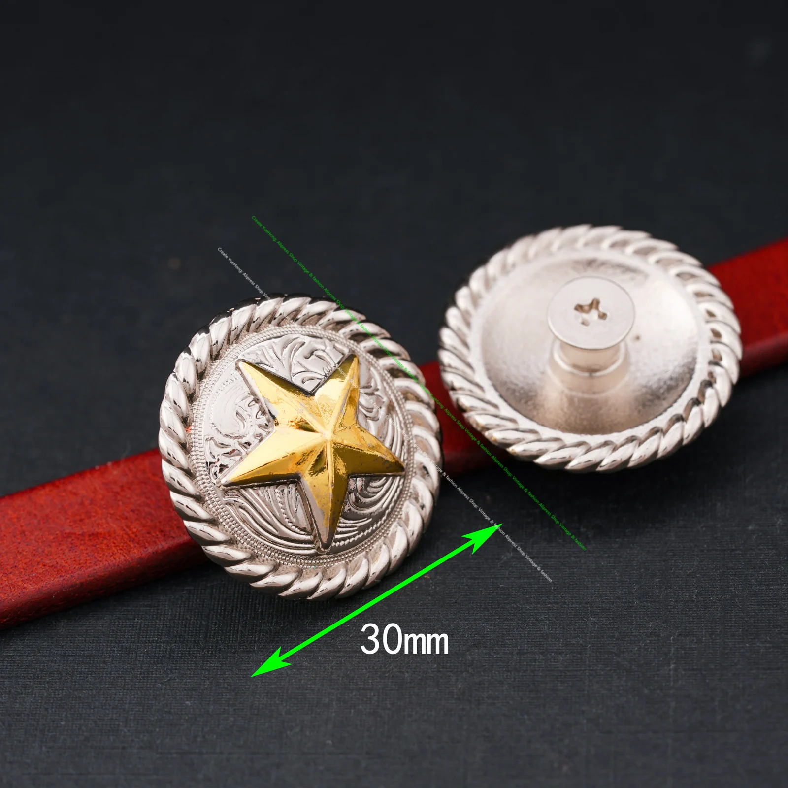 5X 1-1/4 Inches Silver Western Ranger Gold Texas Star Leathercraft Belt Horse Headstall Saddles Conchos Button Belt Collar Decor