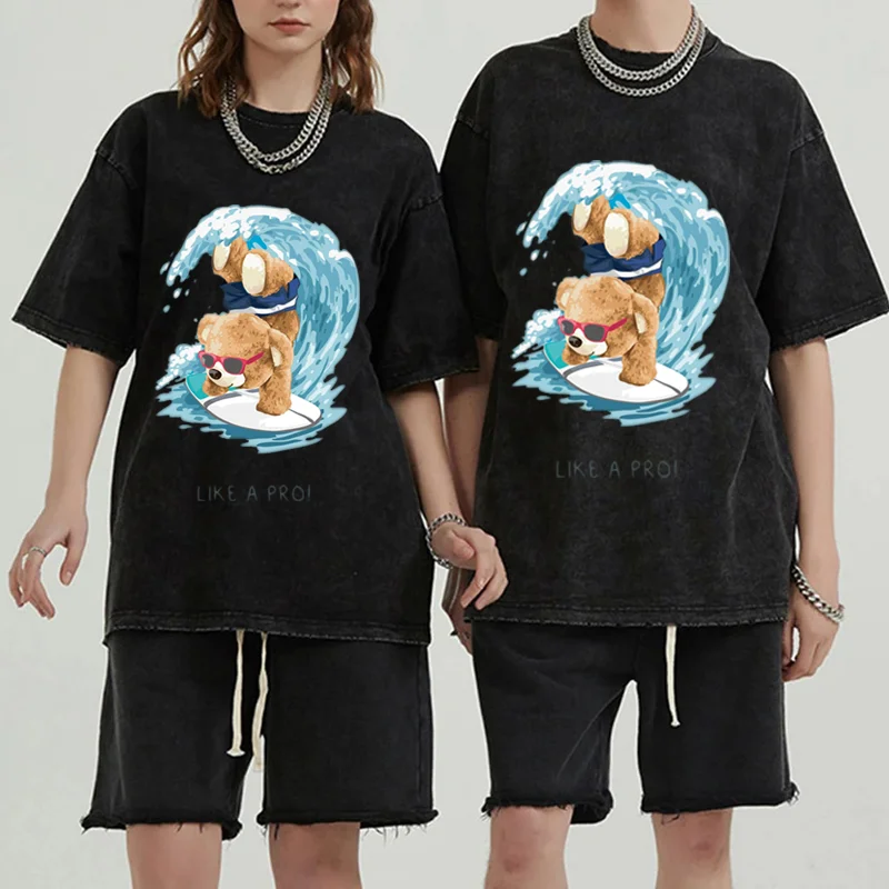 2024 New surfing Teddy Bear  Prints T Shirt Men Brand Tees Short Sleeve Retro Adult Washed Cotton T-Shirt Summer HipHop Clothing