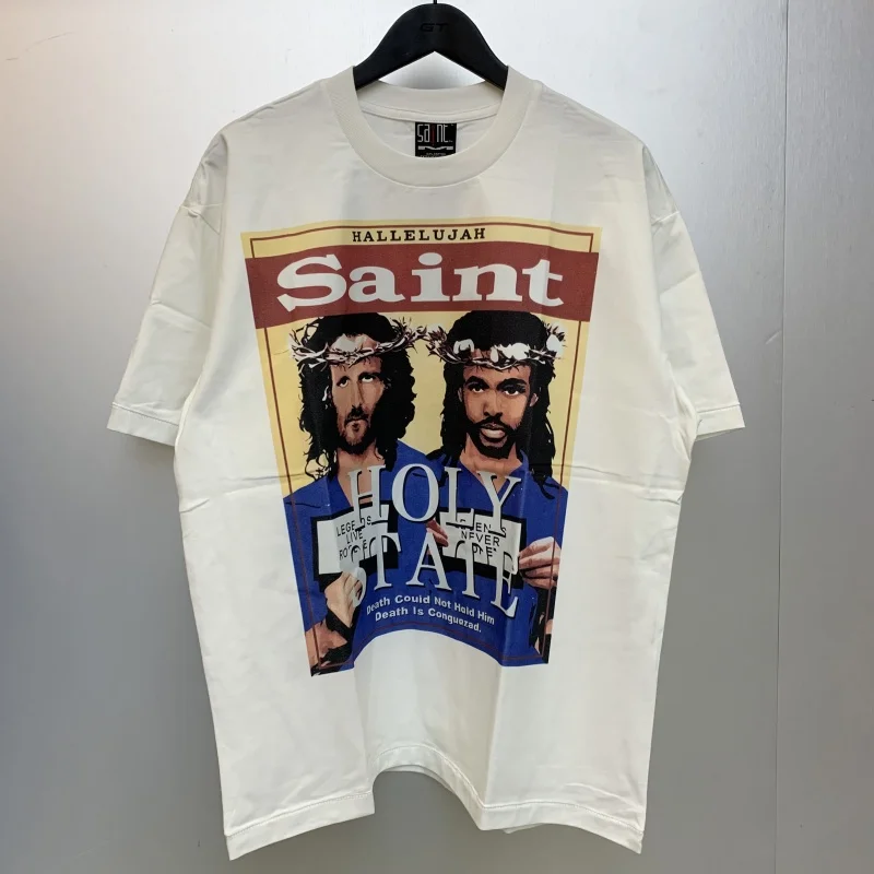 

High Quality Saint Round Neck Portrait Print Short Sleeve T-shirt Hip Hop Vintage Cotton Loose Mens Womens Casual Tee Tops
