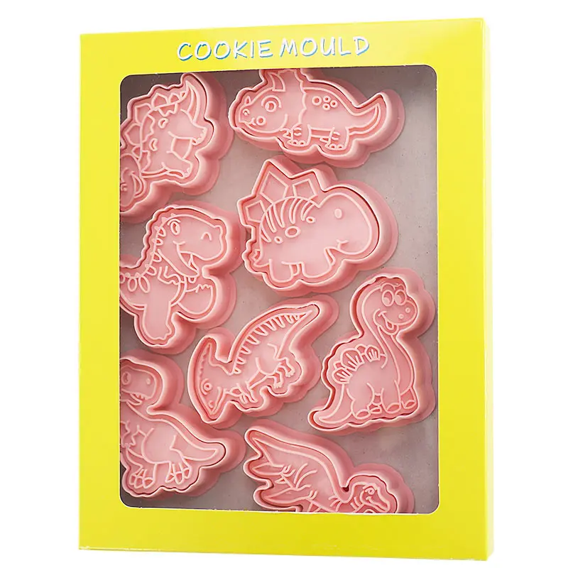 8 Pcs/set Cookie Cutters Plastic 3D Dinosaur Shape Cartoon Pressable Biscuit Mold Cookie Stamp Kitchen Baking Pastry Bakeware