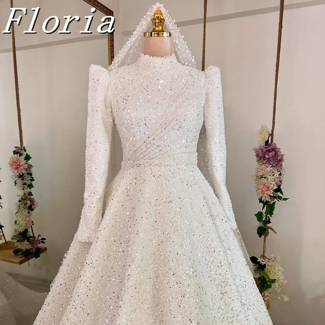 

Elegant Muslim HIGH Neck Wedding Dresses Arabic Dubai Bride Dresses A-line فساتين سهرة نسائية فاخرة سعودية مع خرز Customized