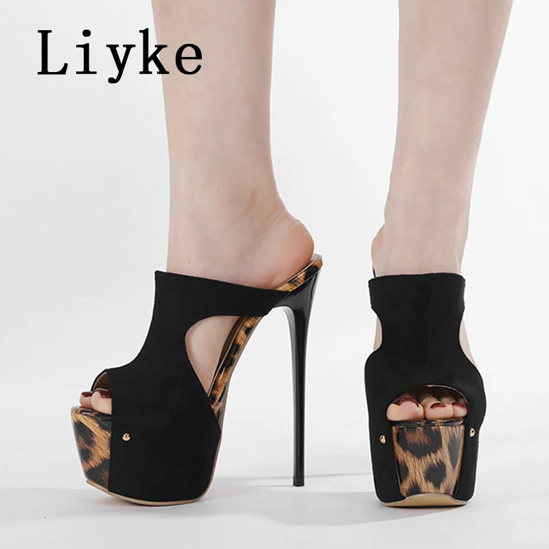Liyke Street Style Women Sexy 6CM Platform Slippers Sandals Summer Leopard Print Peep Toe Super High Heels Party Stripper Shoes