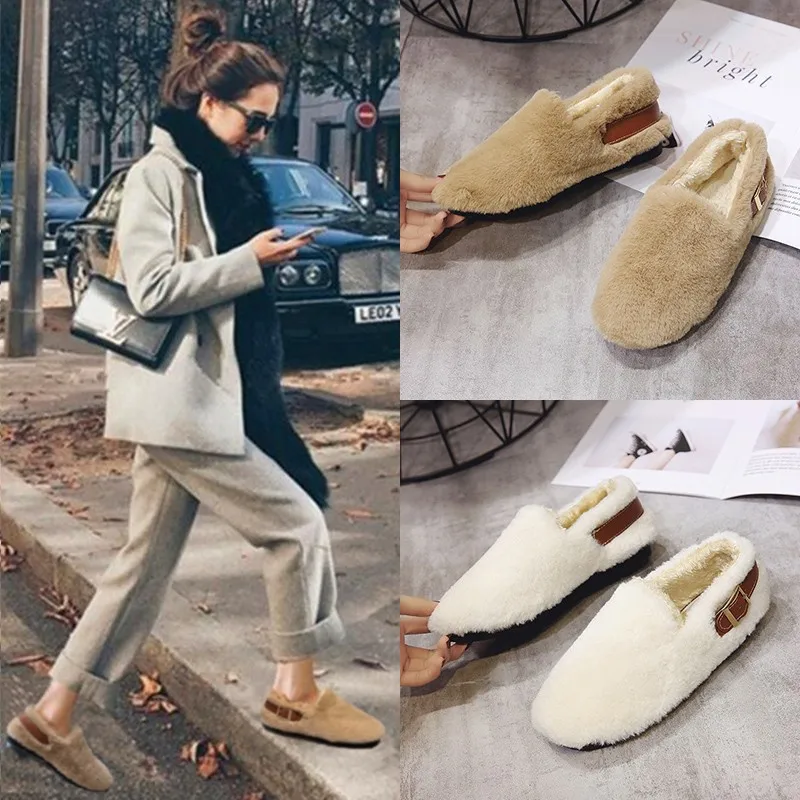 

2022 Autumn Winter New Plush Shoes Women's Casual Korean Version Warm Peas Shoes Flat All-match Slip-on Comfortable Famale Shoes