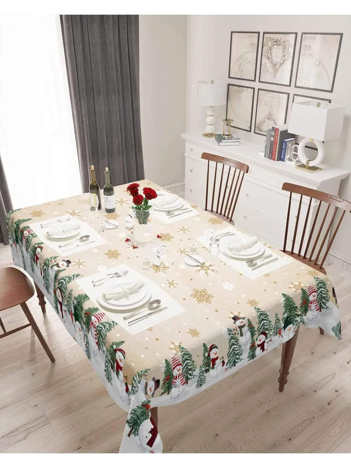 Merry Christmas Snowman Tablecloths for Table Decor Winter Xmas Trees Snowflakes Kitchen Dining Table Cloth Navidad Decorations