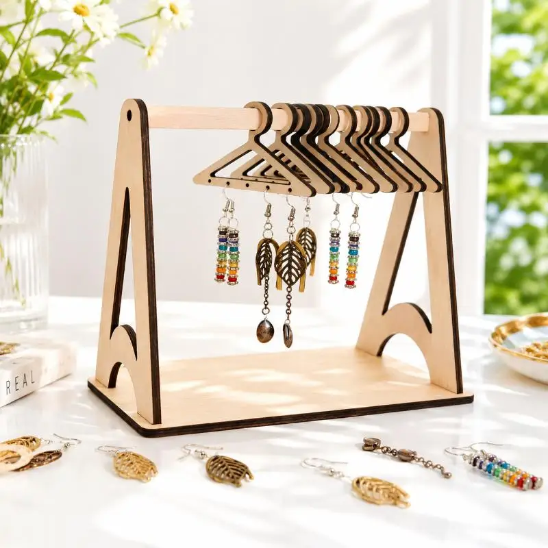 Natural Wooden Jewelry Organizer Rack Multi Hook Earrings Necklaces Hanging Holder for Home Vanity Desktop Storage Decor