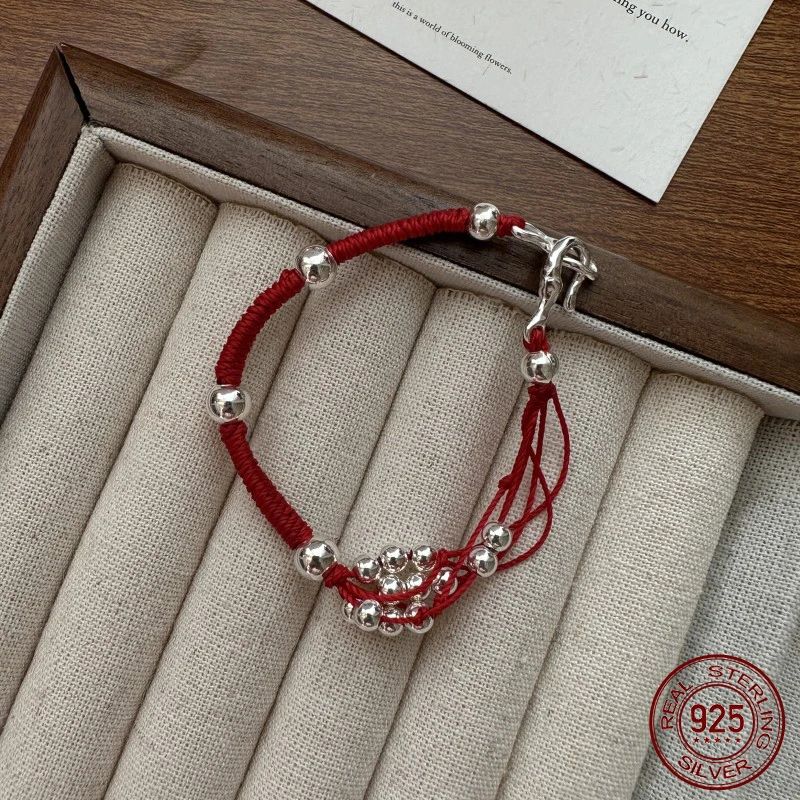 

La Monada 16CM Elegant 925 Sterling Silver Women's Bracelet Hypoallergenic Retro Red Cord Adjustable Chain Bracelet Stylish