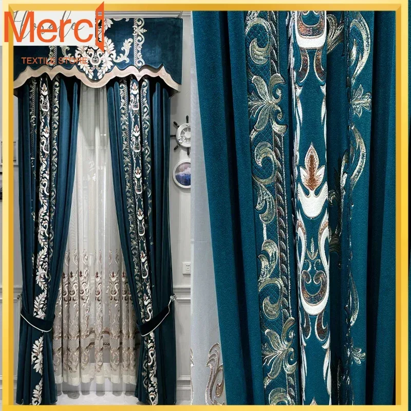 

New Luxury Green Embroidered Velvet Curtains For Living Room Bedroom And Villa Blackout High-end Customized European Curtains