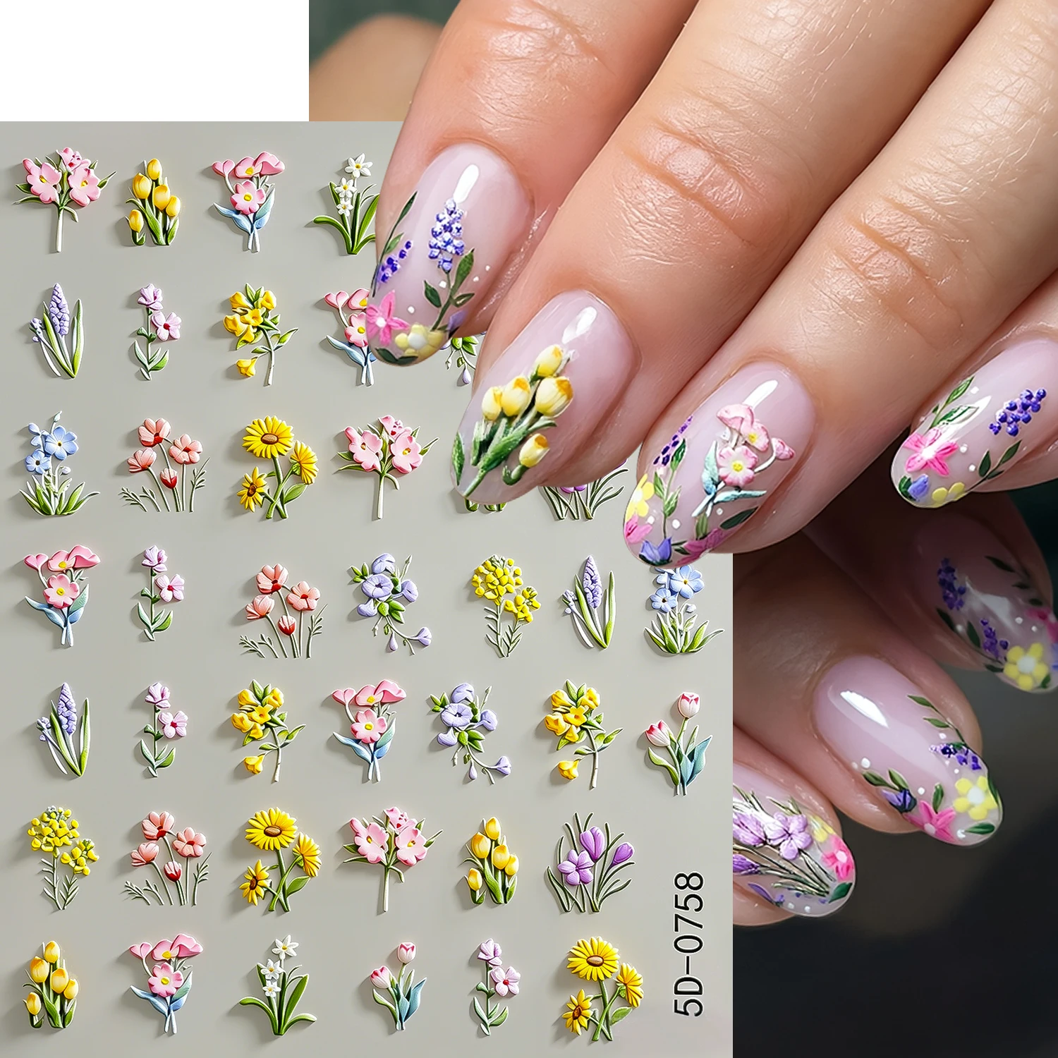 1pc 5D Sunflower Lavender Tulip Nail Decal Embossed Cherry Blossom Flower Nail Stickers DIY Manicure Decor For Nail Salon & Home