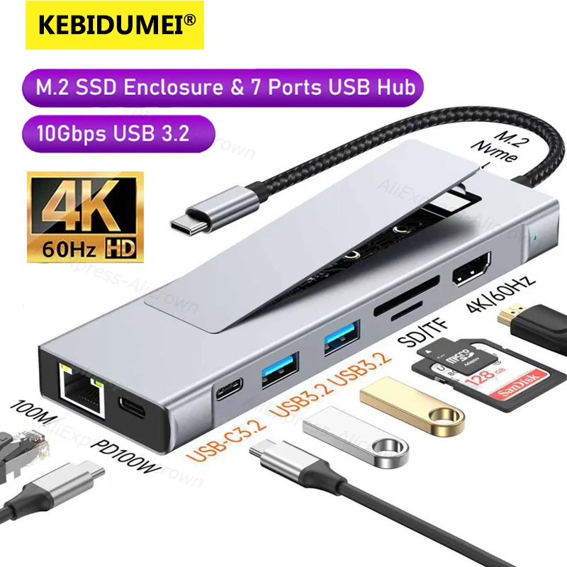 KEBIDUMEI USB C Hub with Disk Storage Function M.2 NVMe SSD Hub Type-C to RJ45 HD-MI Adapter PD100W USB 3.2 Splitter for Laptop
