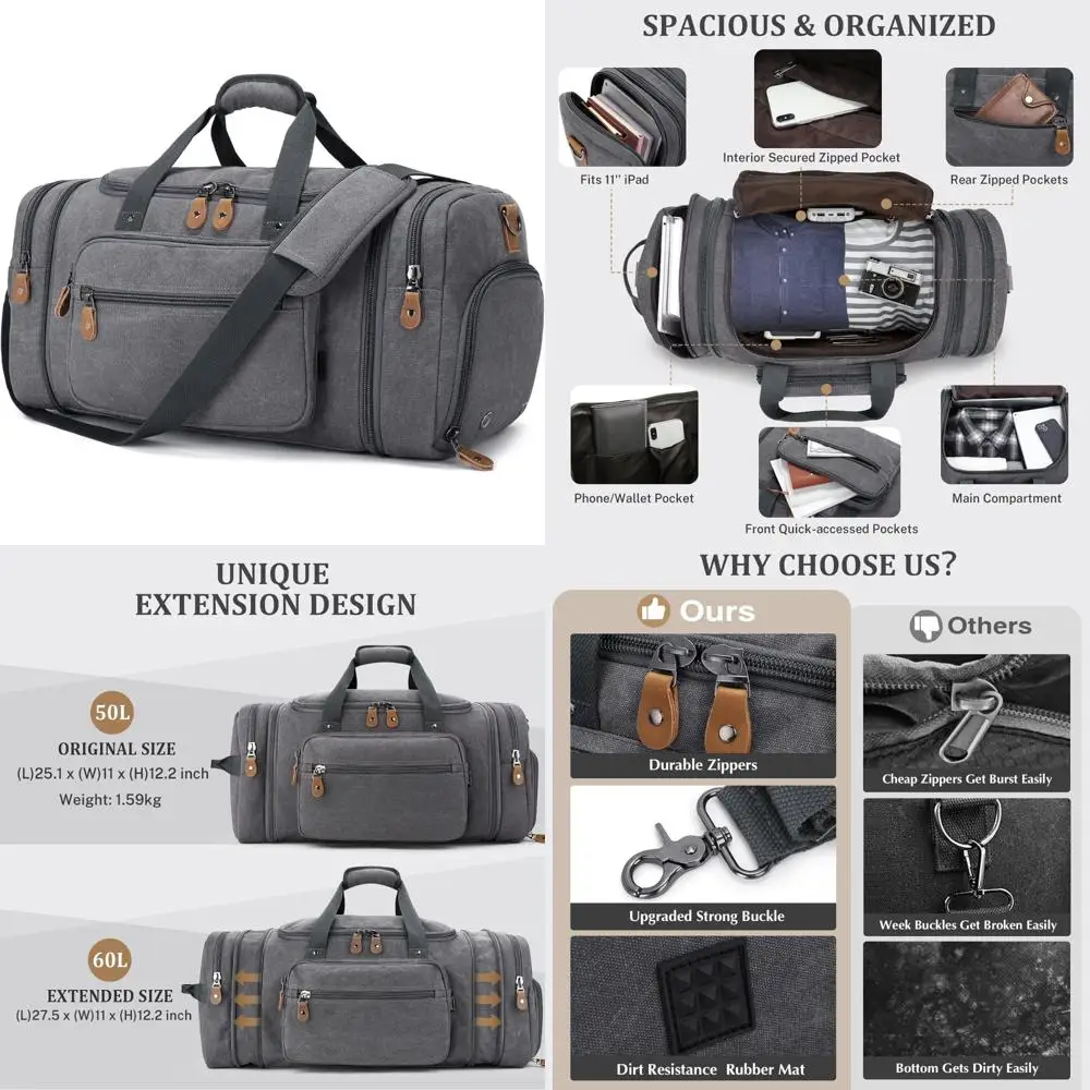 

Большая дорожная спортивная сумка объемом 60 л для поездок на выходные с карманом для обуви — серая парусиновая ночная сумка