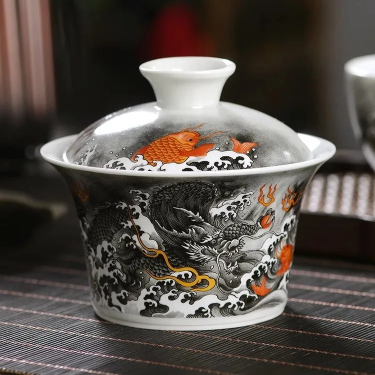 Jingdezhen Ink Color Fish and Gaiwan Non-Scald Tea Brewing Bowl Household Porcelain Kung Fu Set Suit Large