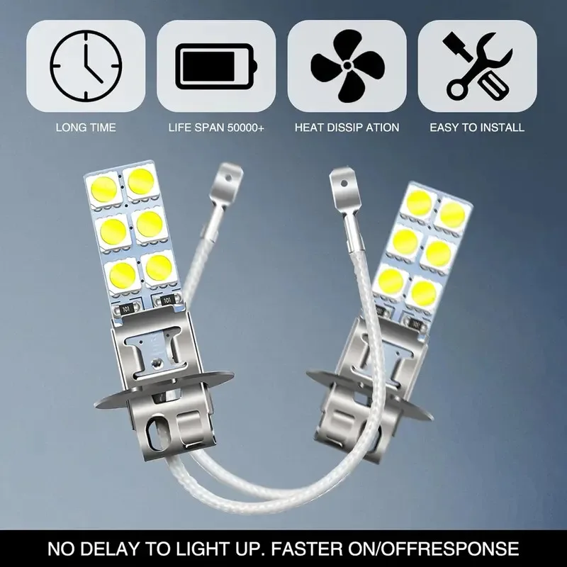 Set of 2 H3 LED Fog Lights for Cars, Featuring 5050-12SMD, 55W, 6000K, 12V AC, Designed to Combat Fog with Superior Penetration