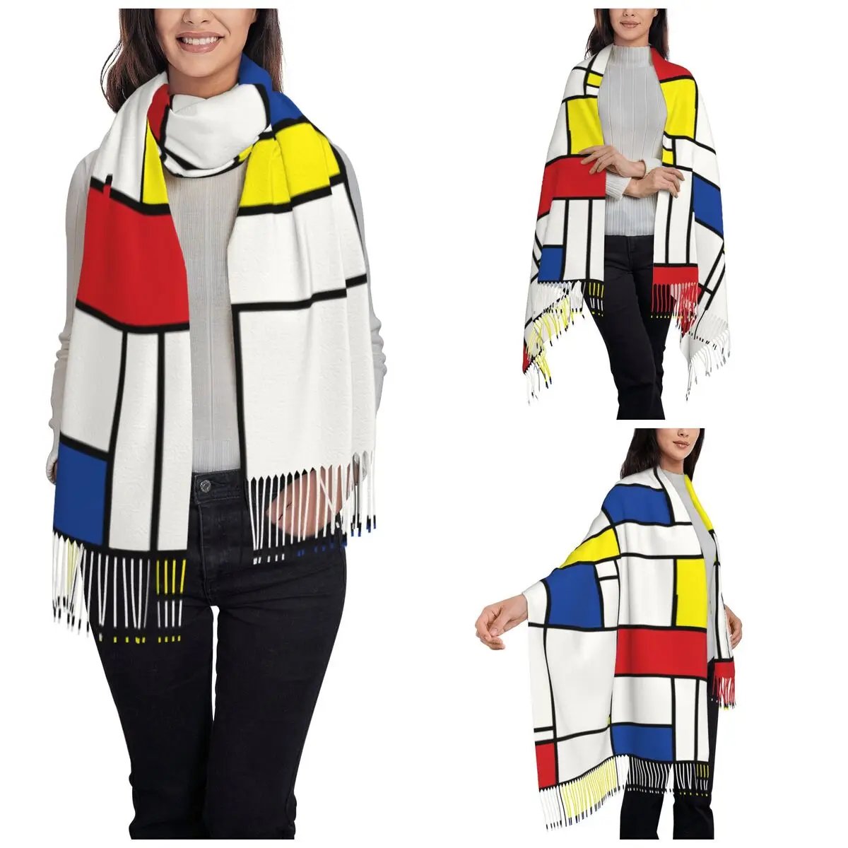 Mondrian lenço minimalista para senhoras, longo envoltório macio, pashmina geométrica, lenços para inverno, minimalismo