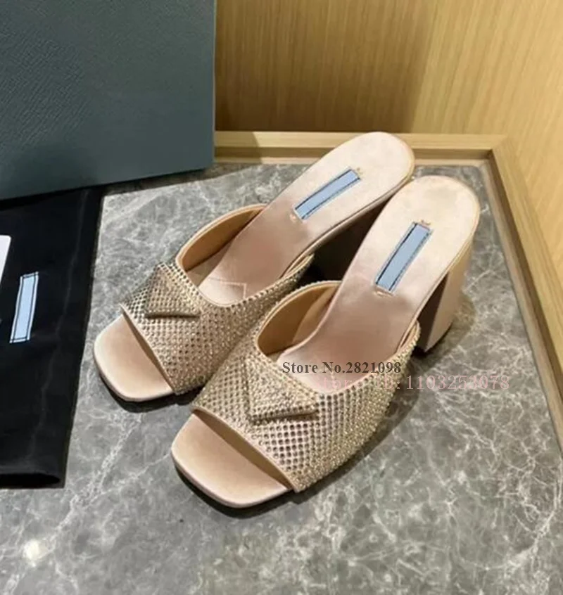 Chunky High Heel Summer Slippers Rhinestones Square Open Toe Mules Slides Sandals Woman High Heels Slip On Women Shoes