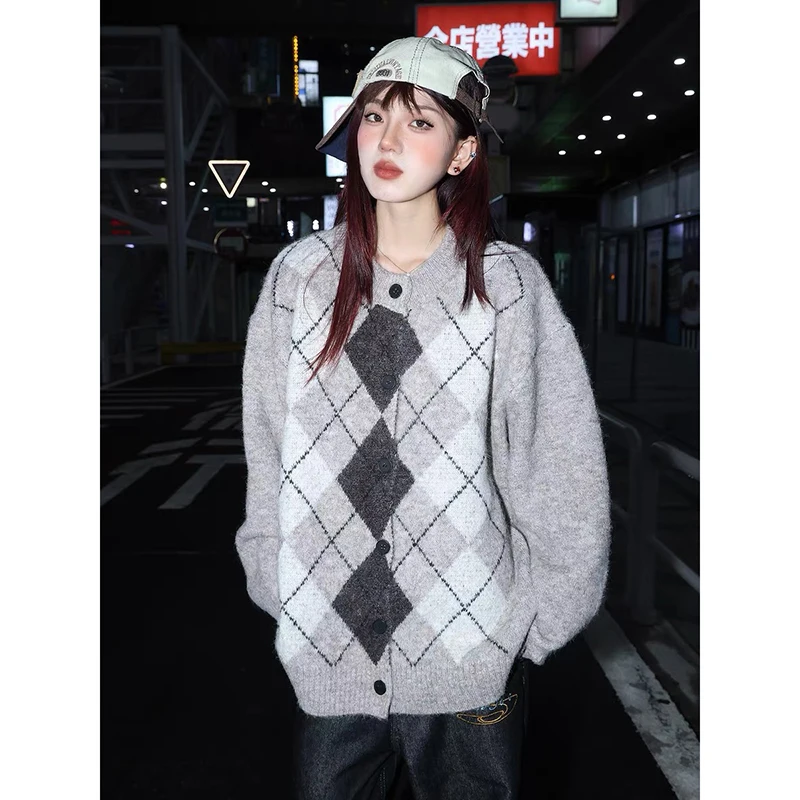

ZHIZOU Women's Grey Cardigan Sweater Outerwear 2000s Vintage Y2K Jumper Knit Korean Style Long Sleeves Checked Cashmere Sweater