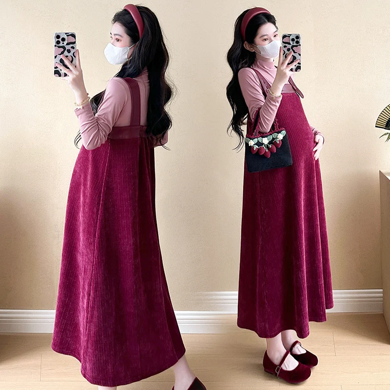 Korean Style Maternity Autumn Dress Sleeveless Pu Leather Strap Patchwork Corduroy Dress Plus Size Pregnant Woman A-line Dresses