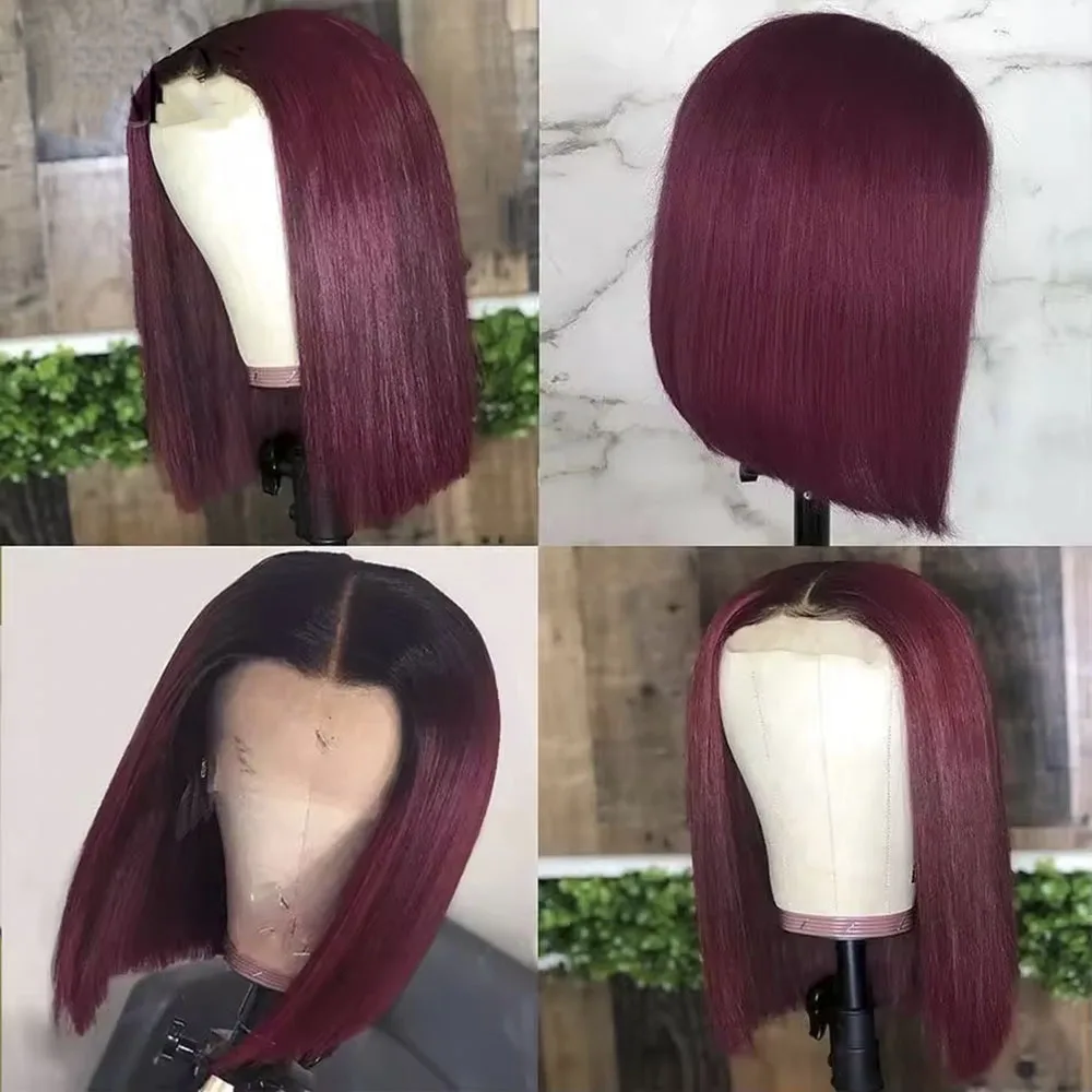 Ombre Bone Straight Human Hair Wigs 1B 99J Short Bob Wig Brazilian 13x4 Lace Front Human Hair Wigs Pre Plucked For Women