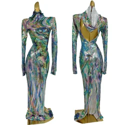 Sexy Women Hoodies Shiny Sequins Long Dresses Nightclub Party Hoody Long Sleeve Dance Performance Costume Baoyu