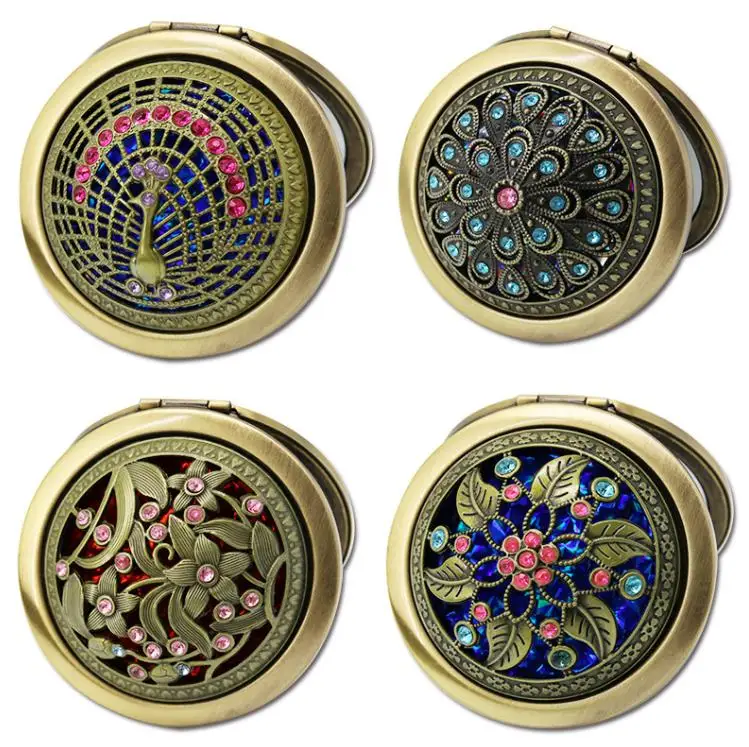 Metal Pocket Cosmetic Mirrors Hand Compact Makeup Copper Plating Retro Hollowing Out DIY Portable Folding Mirror Gifts SN4166