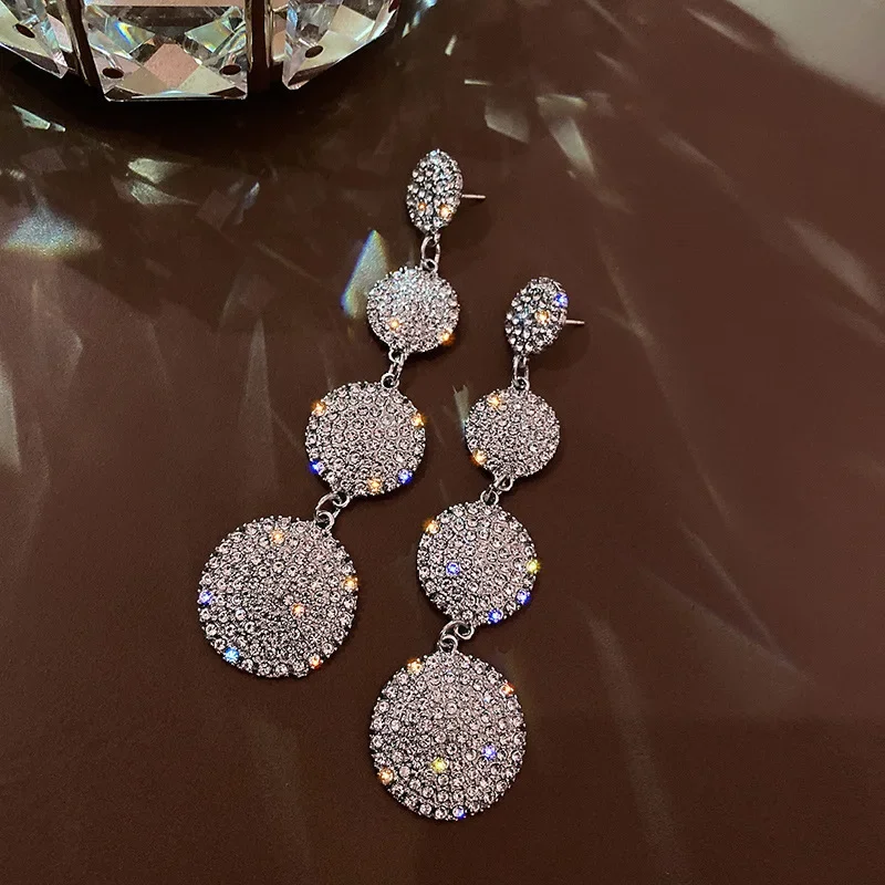 925 Silver needles geometric circle long earrings